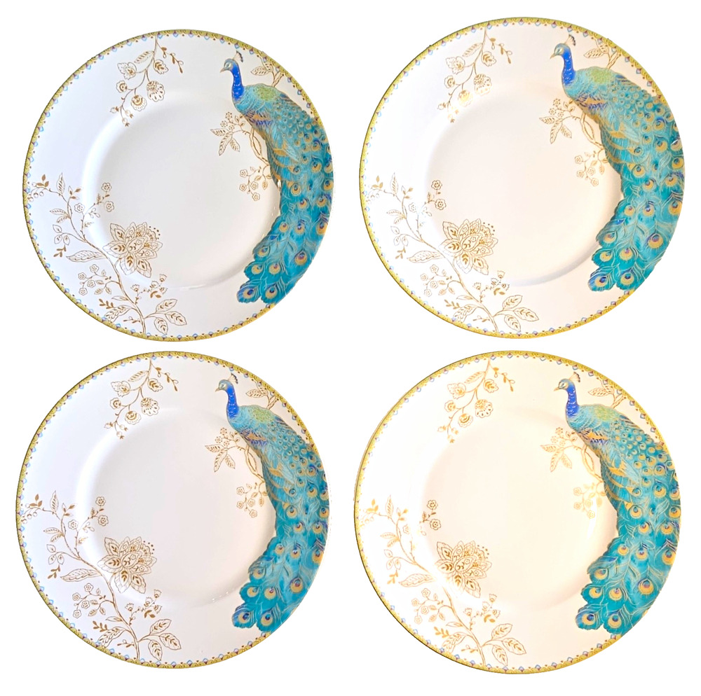 222 Fifth Peacock Garden Dinner Plates Set of 4 Teal Gold White Fine China